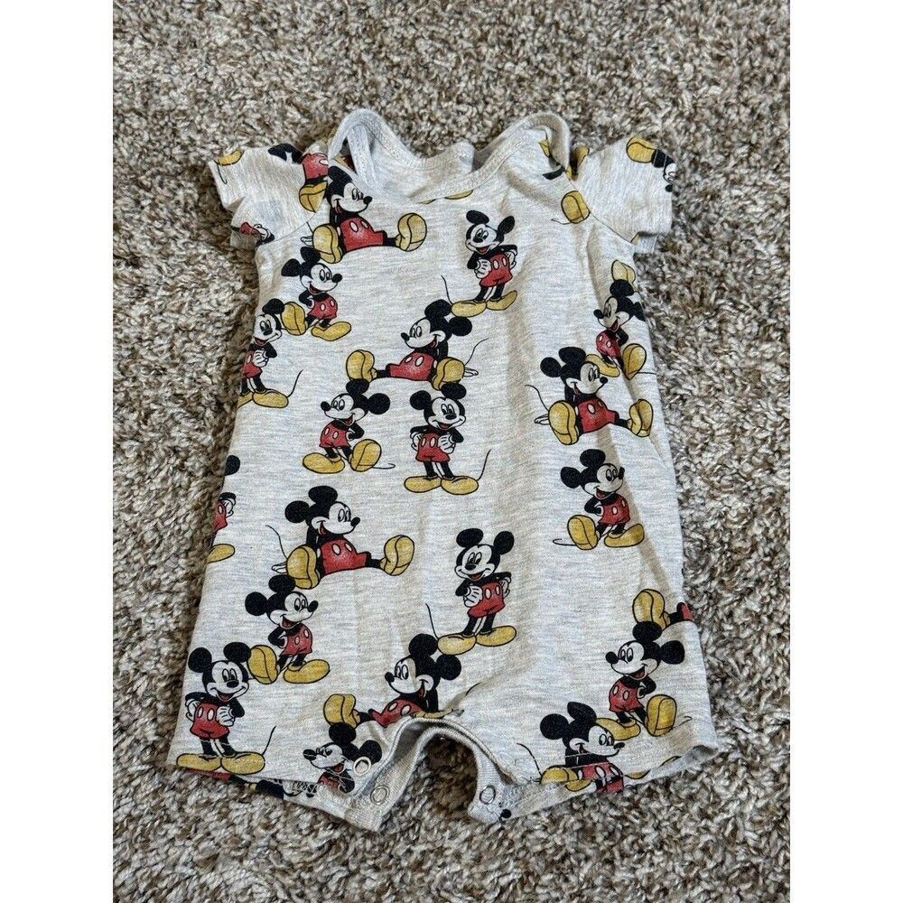 Disney Baby Romper Mickey Mouse Gray 3-6 Month One Piece Short Sleeve